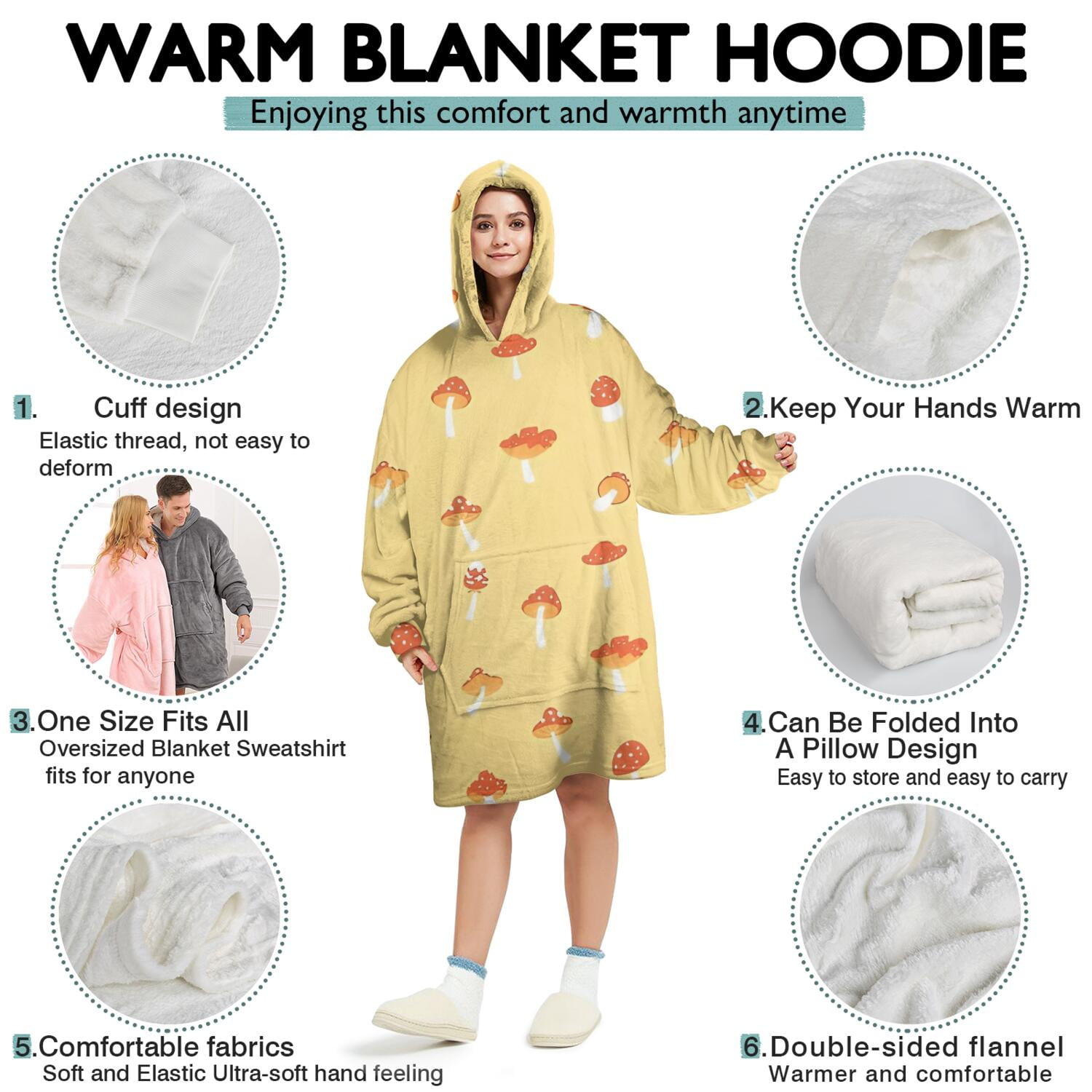 Red Mushroom Small Yellow Pattern Wearable Oversized Blanket,Wearable Blanket Hoodie for Adults,Cozy Hooded Blankets with Super Pockets,Super Warm Fuzzy Pullover for Women & Men