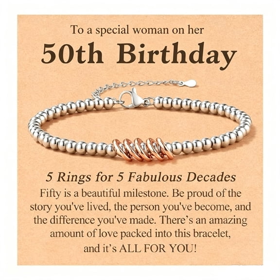 50th Birthday Bracelet Gift for Women, 5 Rings for 5 Decades, Meaningful Milestone Keepsake with Message Card, Adjustable Beaded Bracelet Gift for Her