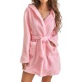 thumbnail image 2 of Fairnull Long Sleeve Pockets Waist Lace-up Solid Color Winter Pajamas Winter Warm Hooded Fleece Short Bathrobe, 2 of 7