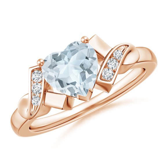 Angara Natural 0.9 Ct. Aquamarine with Diamond Heart Ring in 14K Rose Gold for Women (Ring Size: 9)