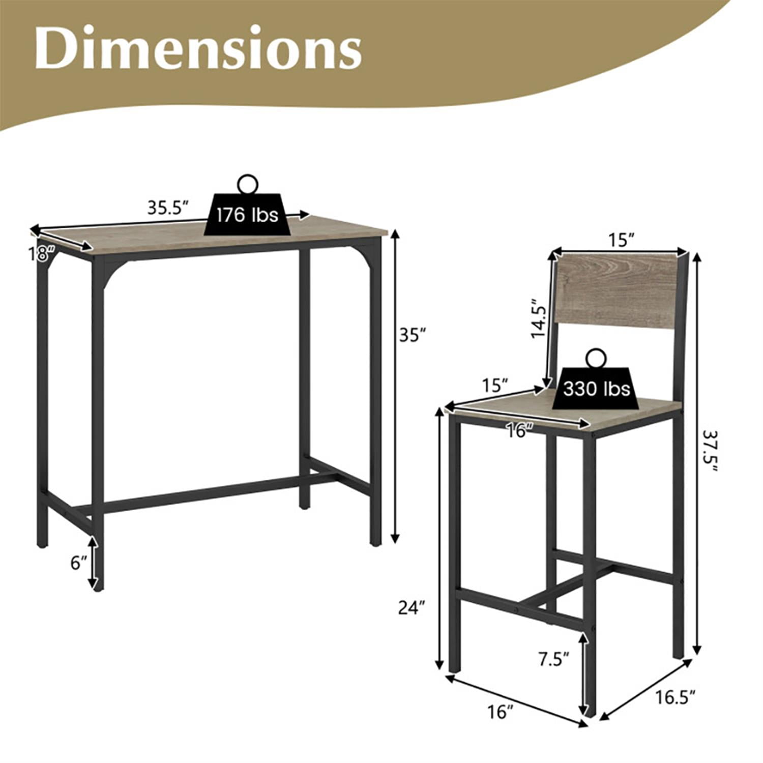 Demi Bonn 3-Piece Bar Table Set with Backrest and Footrest, 35" Wooden Square Kitchen Dining Table Set, Perfect for Small Space, Gray