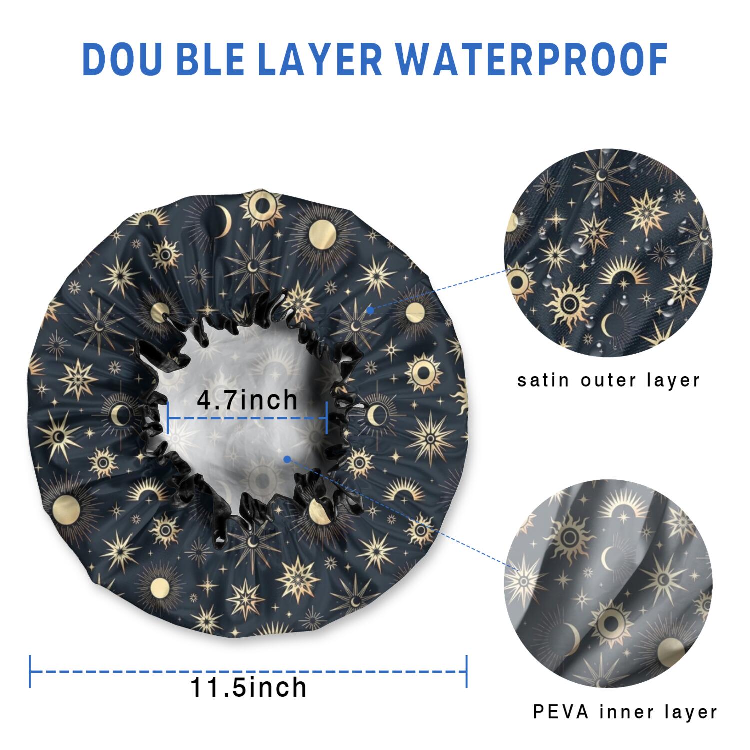 Shower Caps,Dark Blue Sun Moon Star Pattern Waterproof Shower Cap for Women 4 Pieces,Double Reusable Hair Cover for Shower PEVA Elastic Stretch Hem