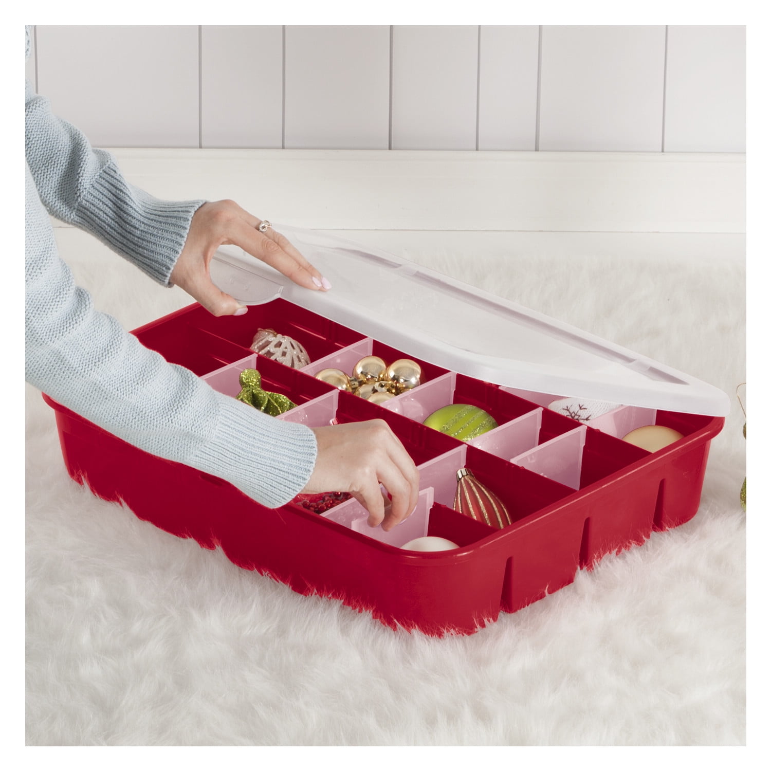 (2 pack) Sterilite Adjustable Ornament Box, Stackable Christmas Storage Bin with Lid, Dividers Create up to 32 Compartments for Holiday Keepsakes, Red
