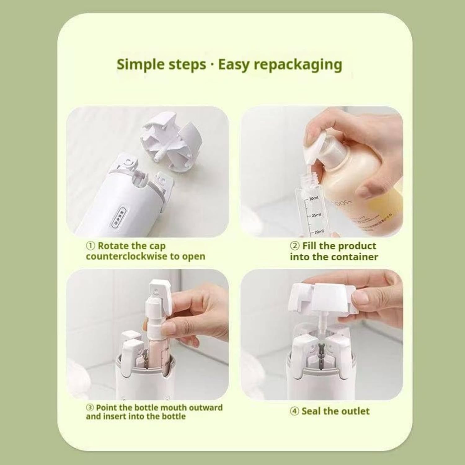 4 in 1 Refillable Travel Dispenser Bottles, Portable Travel Toiletries Bottle Set, Travel Bottles, With Light-Shielding Design, Push-Down Dispenser, Leakproof (White)