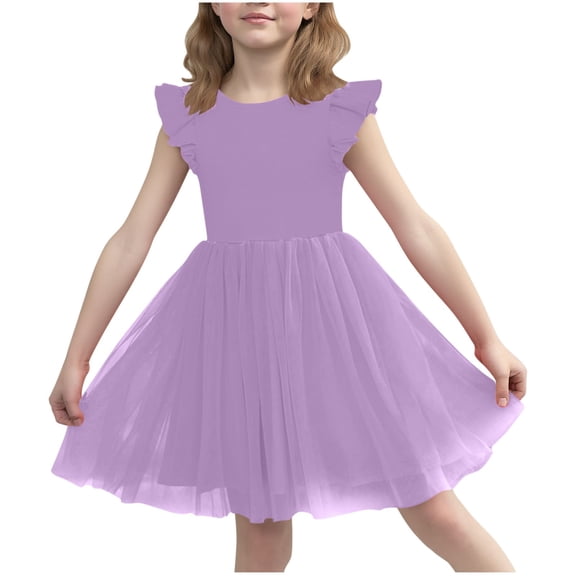 Fesfesfes Girls Spring and Summer Sleeveless Dress Ruffle Hem Casual Party Wear Princess Style Flowy Comfortable Kids Fashion Toddler Dress(Purple,9-10 Years)