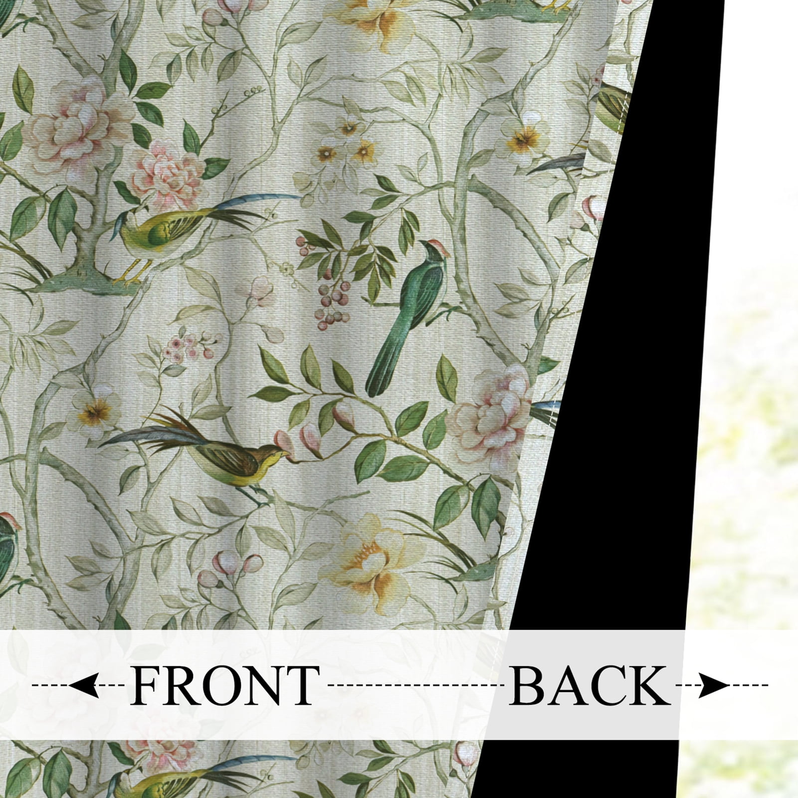 Mizhona Green Blackout Curtains for Bedroom,Chinese Theme Birds Printed Room Darkening Curtains Set of 2,42"x84"
