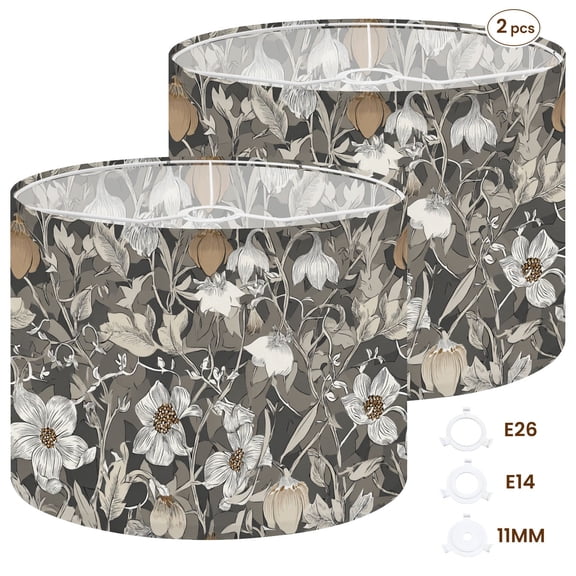 2pcs Set Drum Lampshades (13"x 13"x 10"), Vintage Floral Soft White Flowers Gray Fabric Large Replacement Shades for Table, Floor, and Pendant Lamps, Simple Assembly Needed.