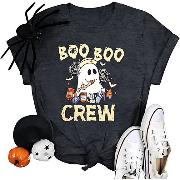 Nurse Ghost Print Halloween Shirt Short Sleeve Shirts for Women Black One-Piece