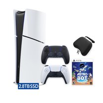 PlayStation 5 Slim Digital 2.8TB SSD ASTRO BOT Console with Two Controllers, White and Midnight Black DualSense and Hard Shell Protective Controller Case - PS5 Slim Digital Console