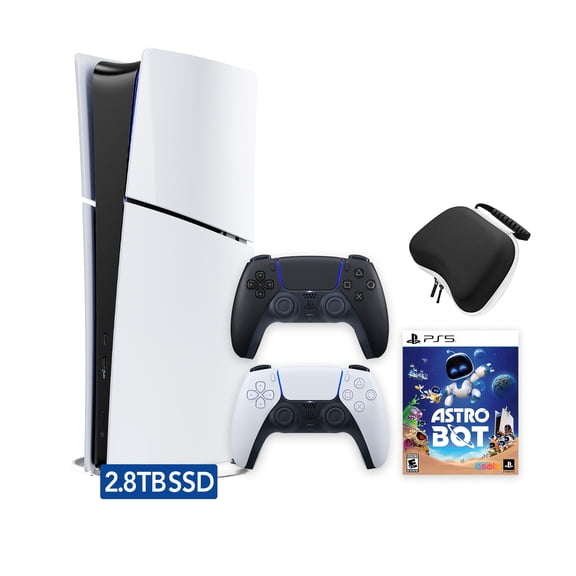 PlayStation 5 Slim Digital 2.8TB SSD ASTRO BOT Console with Two Controllers, White and Midnight Black DualSense and Hard Shell Protective Controller Case - PS5 Slim Digital Console