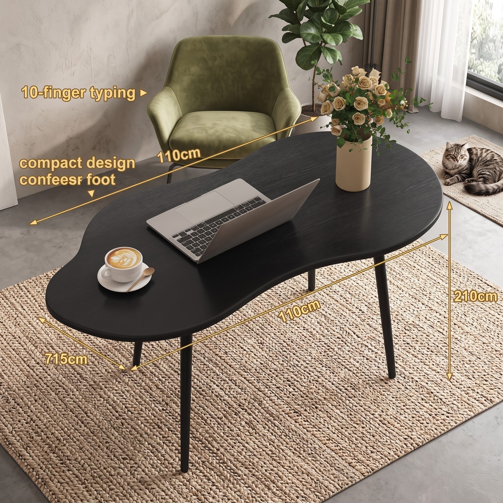 Furnibear Cloud Shape Coffee Table, 39.5 Inch Irregular Free Form Center Table with Durable Metal Frame, Wide Wood Tabletop Modern Accent Side Table for Living, Black