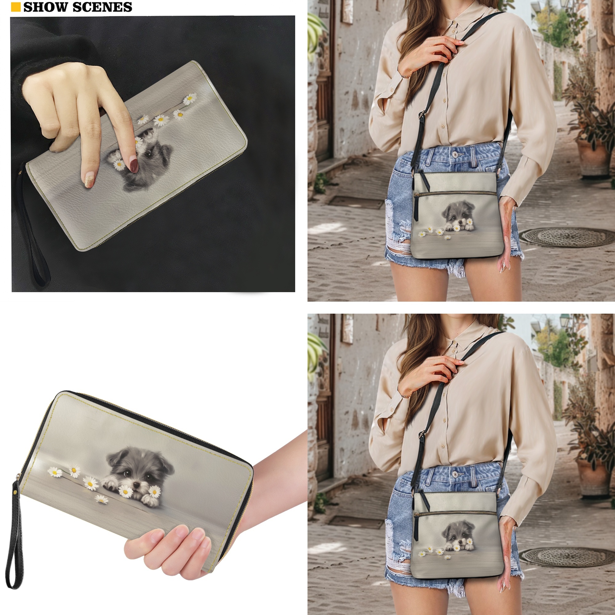 ZUXONGSY Dog Daisy Flower Print Women's PU Leather Crossbody Messenger Bag & Wallet Set, Multi-Pocket Satchel with Adjustable Shoulder Strap for Shopping Work Business