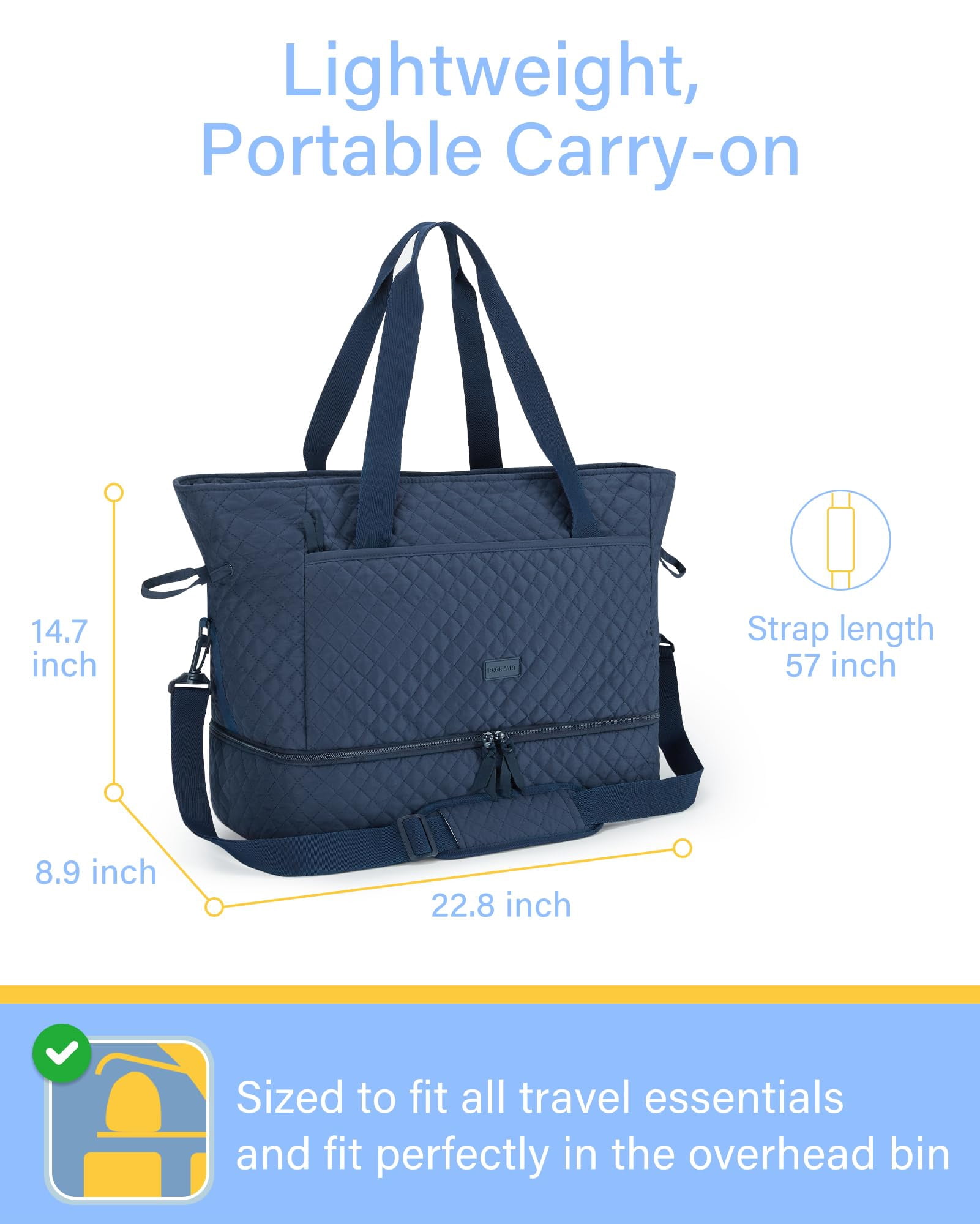 BAGSMART Weekender Overnight Bag, 39L Large Travel Duffle Tote Bag, Fashion Carry On Gym Bag Water-Resistant Shoulder Handbags with Shoe Compartment, Navy Blue