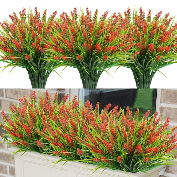 USPEED 12 Bundles Artificial Lavender Fake Plants, Outdoor Fake Monkey Grass Greenery UV Resistant Faux Plastic Shrubs Arrangement for Patio Garden Porch Home Window Planter Decor - Red