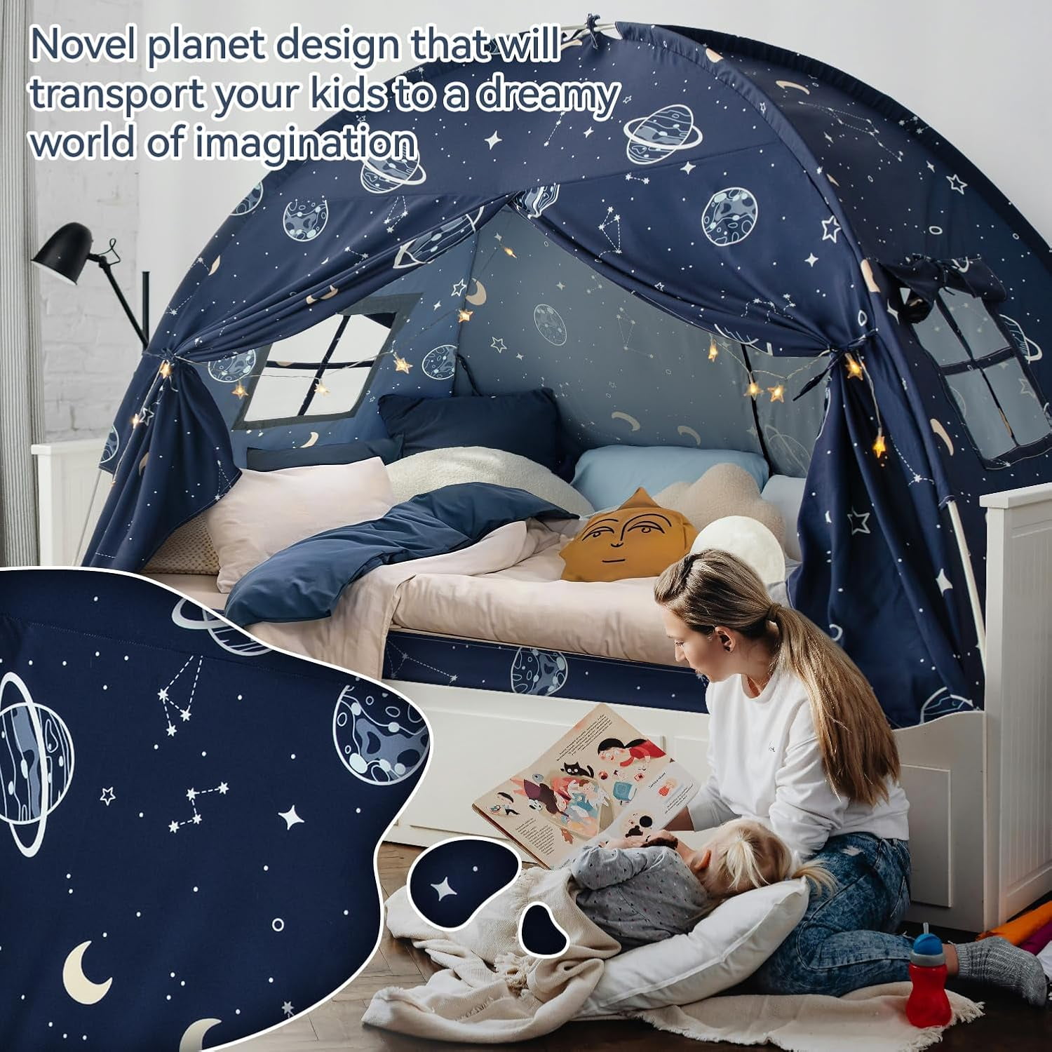 Full Size Bed Canopy Tent, Galaxy Space Kid Bed Tent, Bed Tents Full Boy Floor Privacy Sleeping Tent for Toddler Birthday Toy House Gift
