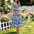 thumbnail image 4 of Women's Puff Sleeve Summer Vacation Maxi Dress, Boho Floral Print Square Neck Layered Wedding Guest Beach Dresses, 4 of 8