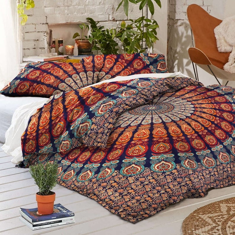 Indian Mandala Bedspread Beige Tree Cotton Bedding Throw With Pillow Cover King