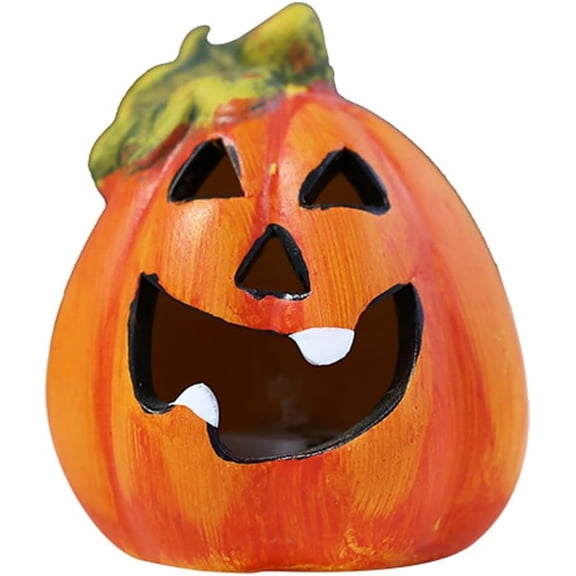 Set of 4 Light Up Ceramic Pumpkin Skull Figurines for Halloween Table Decor