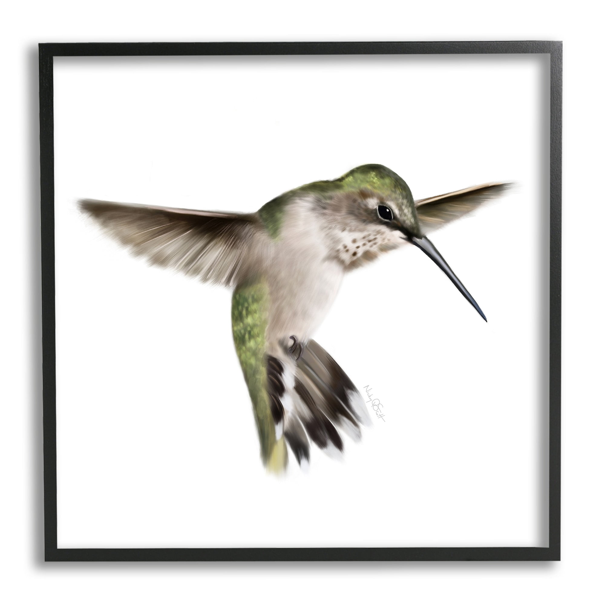 Stupell Industries Green Hummingbird Hovering Wings Flying Bird Beak Graphic Art Black Framed Art Print Wall Art, Design by Studio Q