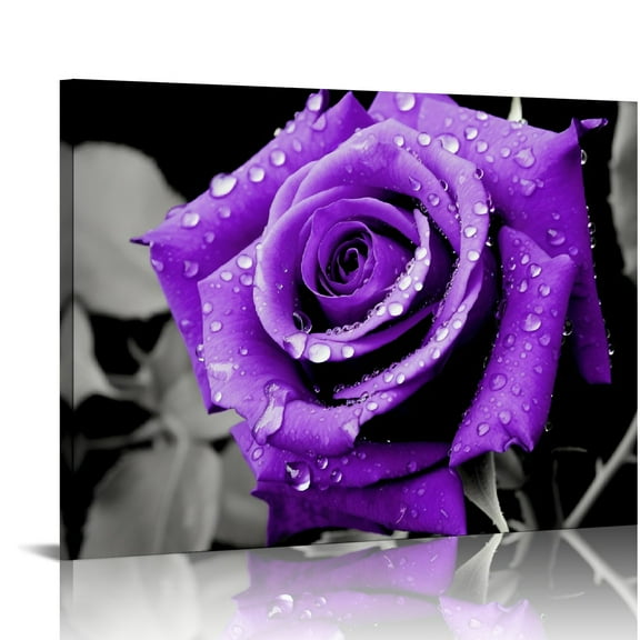 Fenyluxe Art Modern Canvas Prints Purple Rose Water Droplets Leaves Wall Decor for Bedroom & Kitchen - Ready To Hang Home Art Decor Wall Art 16x12in