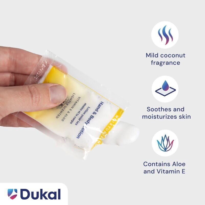 Dukal Moisturizing Hand & Body Lotion - 1000 Pack, Aloe & Vitamin E, Coconut Fragrance, 0.35 oz Single-Use, Alcohol-Free