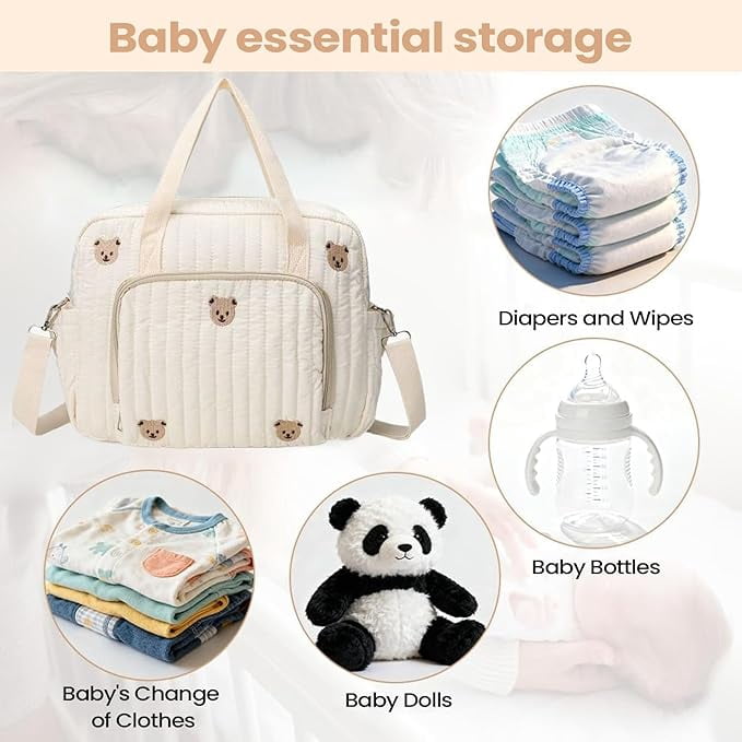 Bear-Shaped Diaper Tote Bag - Cute Travel Diaper Bag with Zippered Pockets, Spacious Hospital Maternity Tote for Mom & Dad, Baby Storage Organizer for Wet Wipes, Clothes & Essentials  P