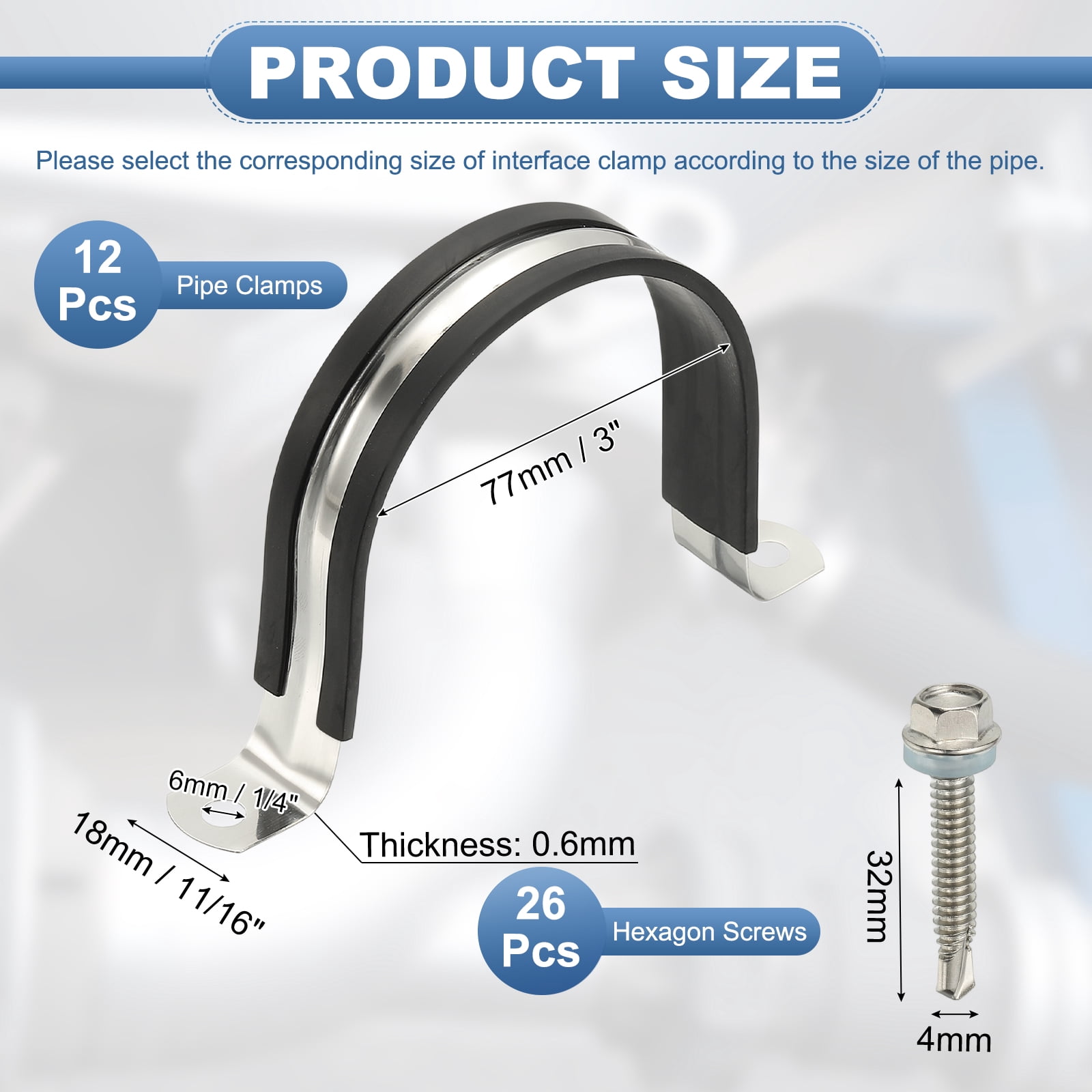 Uxcell 12Pcs Pipe Clamps, 3 Inch 304 Stainless Steel Rubber Cushioned U Bracket
