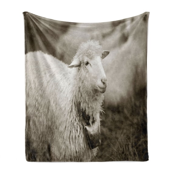 Sheep Soft Flannel Fleece Blanket, Fluffy Wooly Sheep with a Bell in the Wild Pastures and Mountains with His Herd Image, Cozy Plush for Indoor and Outdoor Use, 50" x 60", Multicolor, by Ambesonne