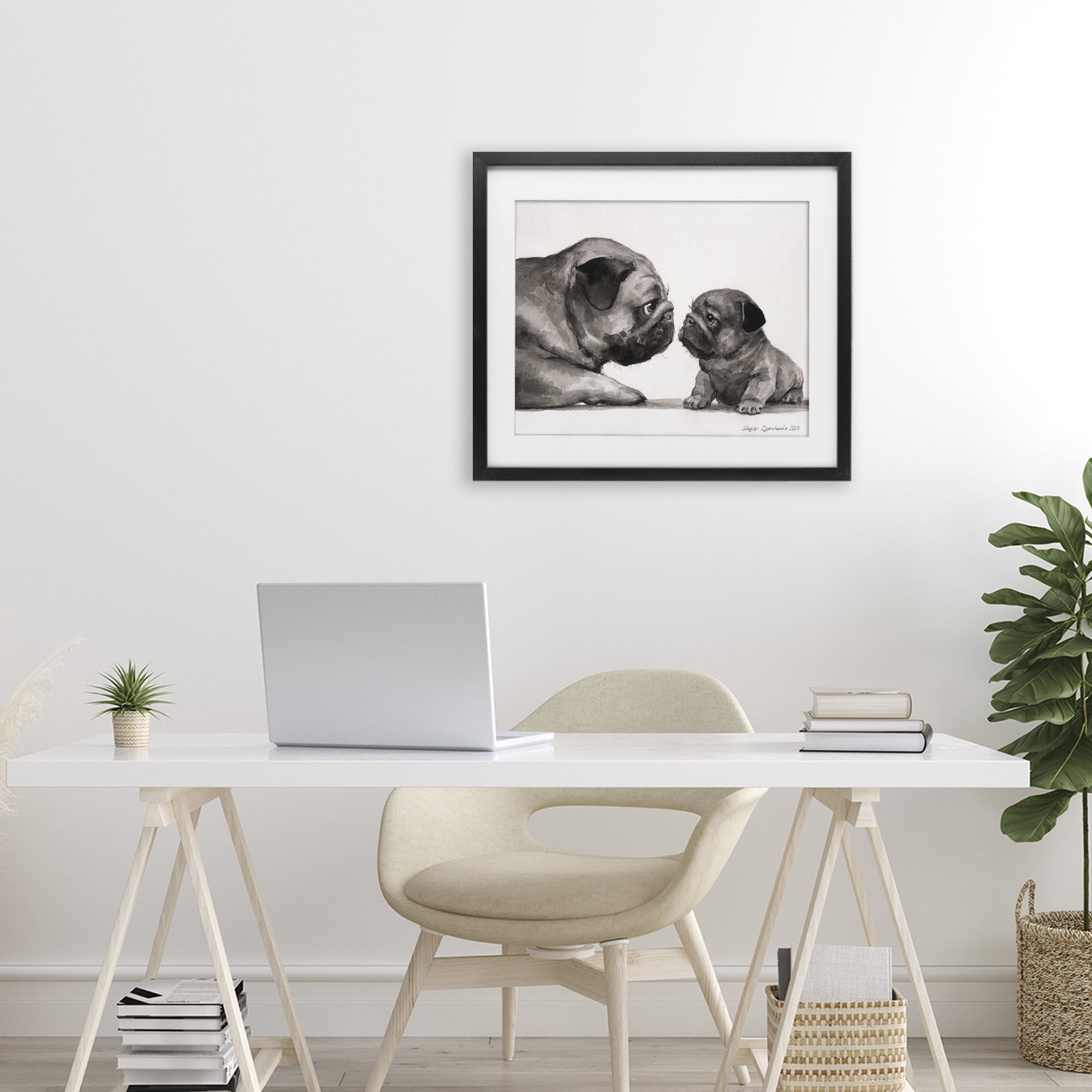 Stupell Industries Pug And Her Puppy Black Framed Print Under Glass, design by George Dyachenko
