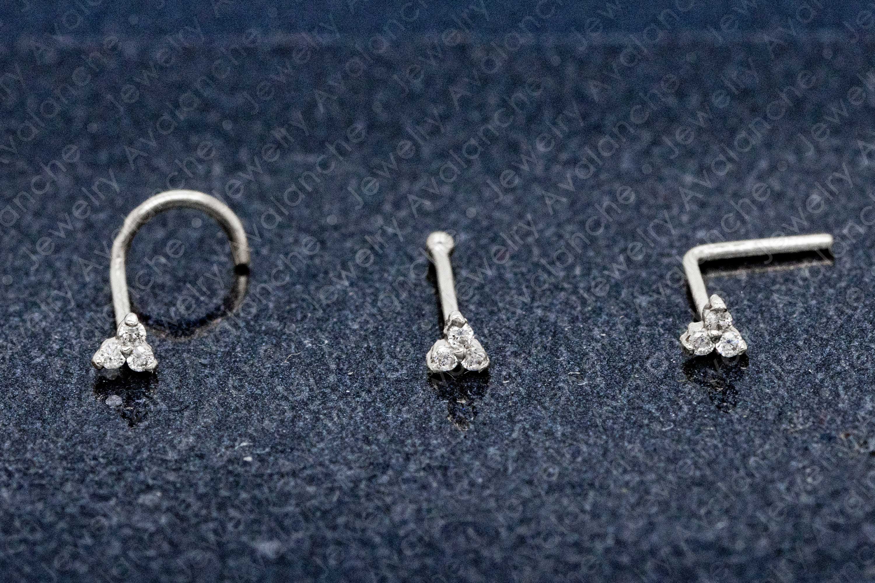 3-Stone 0.015ctw Moissanite Nose Stud - 22G Solid 14Kt Yellow Gold Nose Screw Stud Nose Ring - April Birthstone Nose Stud