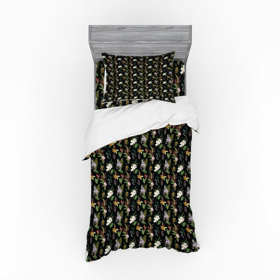 Flower Duvet Cover Set, Exotic Nature Composition Botanical Elements Fern Leaves and Flowers Vivid Colors, Bedding Set with Shams and Fitted Sheet, 3 Sizes, by Ambesonne