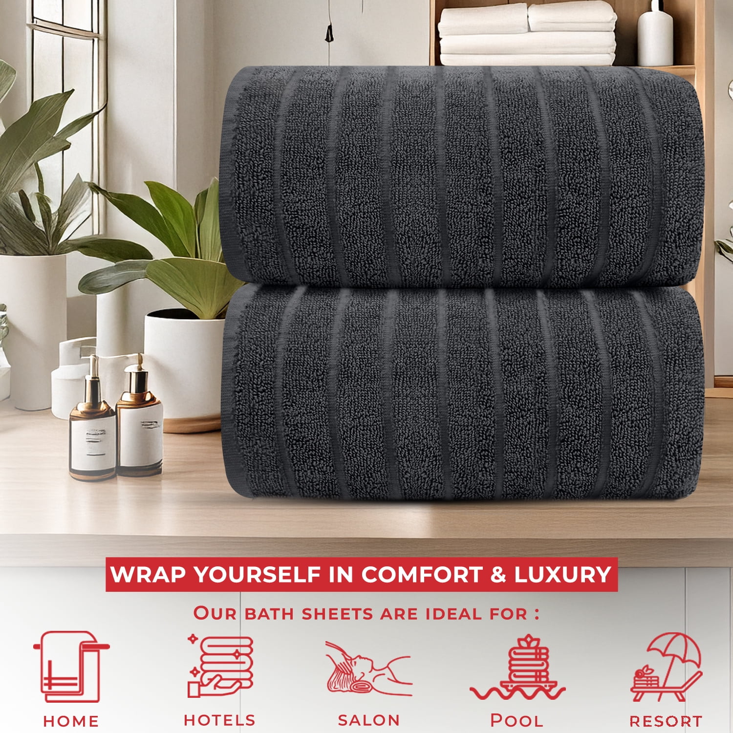 RIVERSIDE 2 Pack Oversized Bath Sheets 35x70 Soft Quick-Dry 600 GSM Ribbed Cotton Towels - Charcoal