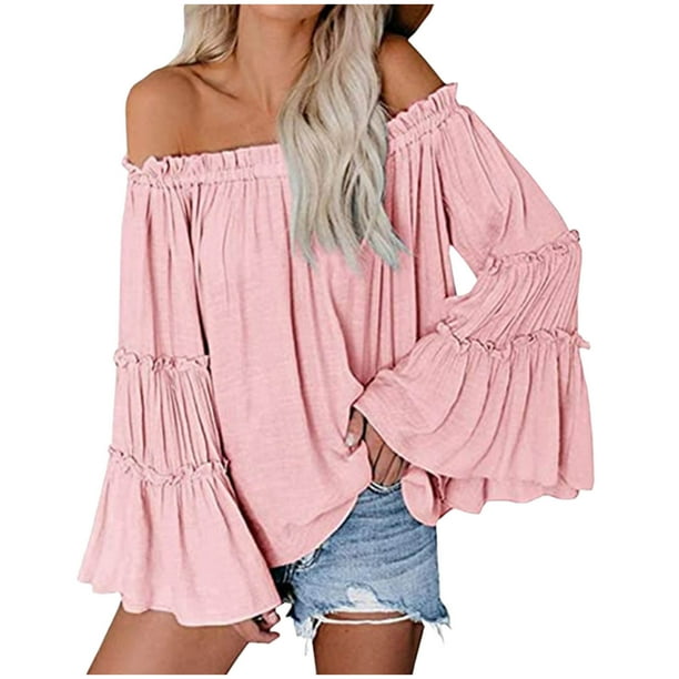 HongQid Womens Off The Shoulder Long Bell Sleeve Tops Flared Casual Loose Blouse