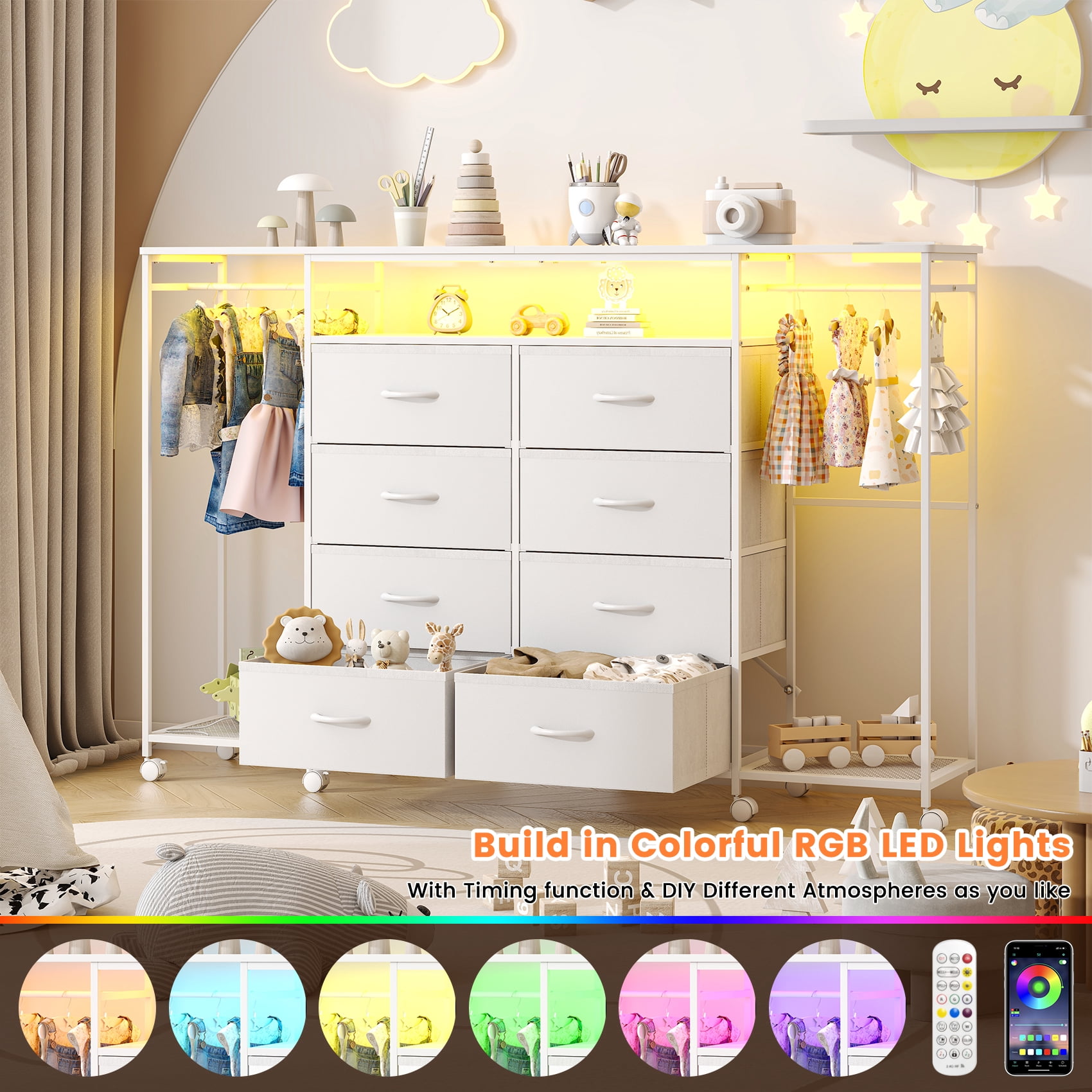 Frmobepts Dresser with Clothes Rack, 8 Drawers Dresser with Charging Station & LED Lights, White Storage Unit with Wheels for Bedroom, Closet