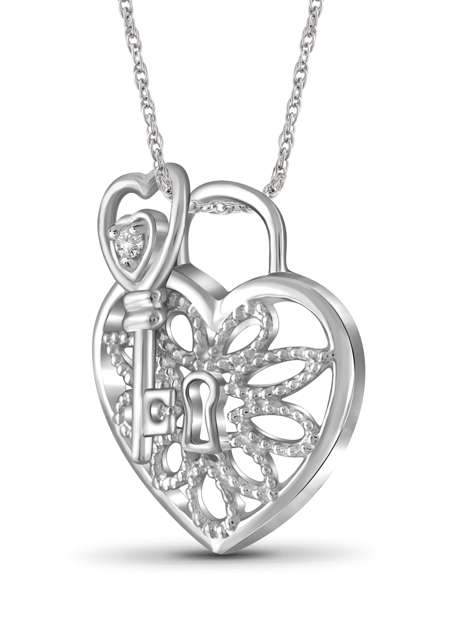 White Diamond Accent Sterling Silver Heart Pendant with Key