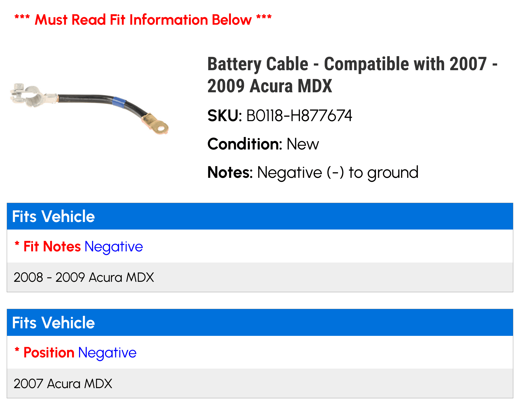 Battery Cable - Compatible with 2007 - 2009 Acura MDX 2008 - Walmart.com, image size:2000x1558