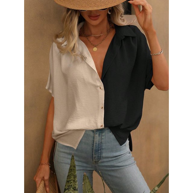 Mode Printemps/été pour Femmes Cardigan à Col Rabattu Style Urbain Élégant Blouse Décontractée à Manches Courtes pour Bureau