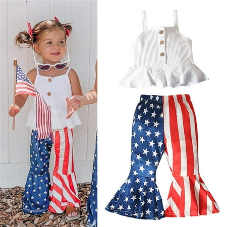 

Hunpta Toddler Kids Girls 4th Of July Solid Sleeveless Independence Day Ribbed Strap Vest T Shirt Tops Pants 2pcs Outfits Set