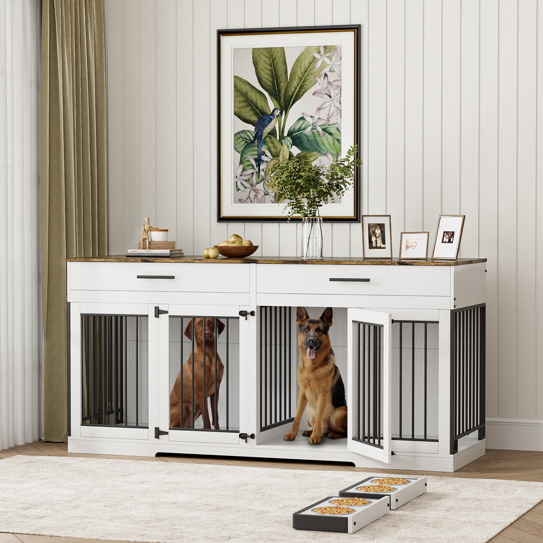 WIILAYOK 72.05" Dog Crate Furniture, Wooden Dog Kennel with 2 Drawers and 4 Dog Bowls, Heavy Duty Indoor Furniture Style Dog Cage House