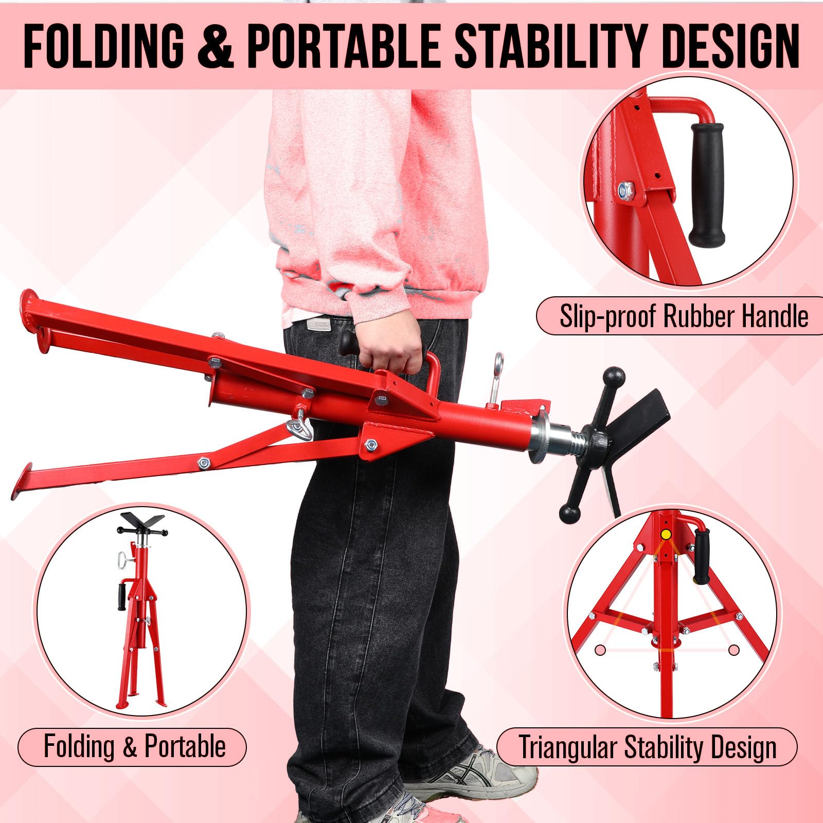 AOILE 2500LB Heavy Duty Pipe Jack Stand, Adjustable 28"–52" V Head Pipe Stand with Folding Legs and 1/8"–12" Capacity for Welding, Construction, and Fabrication