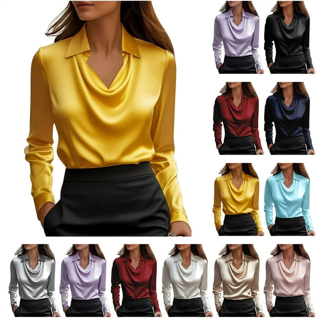 QATAINLAV Chemisier à Manches Longues pour Femme à Col Évasé, Satin Mode, Chemises de Bureau, Vêtements d'Automne, Rouge, TTG