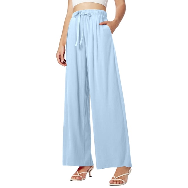 Women's Summer High Waisted Drawstring Linen Wide Leg Beach Pants with Pockets, Comfortable, Casual, Pure Color, Loose Fit for Vacation