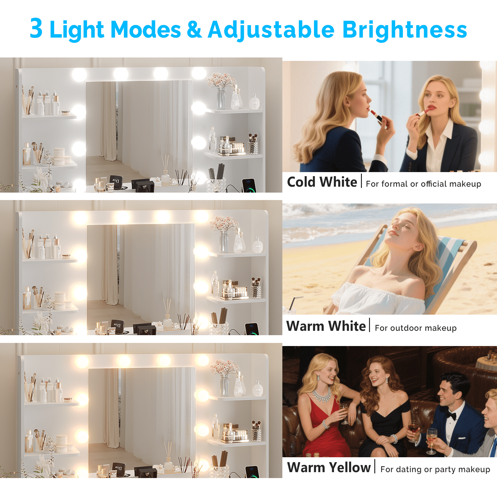 Zimtown Lighted Makeup Vanity Desk with Mirror and Charging Station, Vanity Table with 7 Drawers & 4 Storage Shelves for Dressing Room Bedroom, White