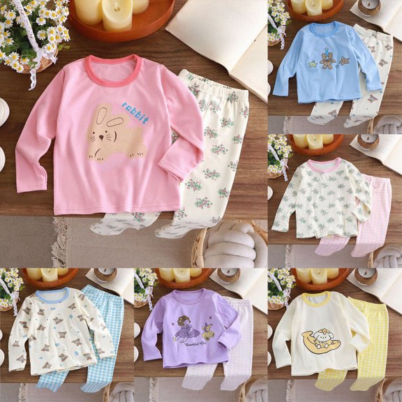 2 Piece Pajama Set For Girls,Cotton Cartoon Pattern Sleepwear Pjs Set,6-12 Months 12-24 Months 2t 3t 4t 5t 6t 7t 8t 9t Children(Pink,12-18 Months)