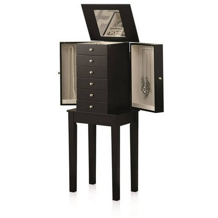 Jewelry Armoire With Beige Lining, Mirror and Swing-Out Doors, Black ...