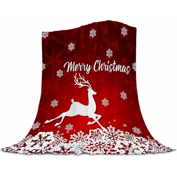 Merry Christmas Red Flannel Fleece Blanket - White Snowflake Printed, Soft Plush for Bedroom, Couch, Sofa - 40"x50"