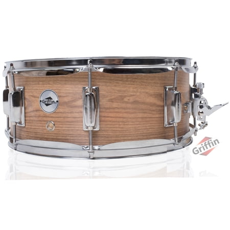 Oak Wood Snare Drum by GRIFFIN - PVC on Poplar Wood Shell 14" x 5.5" - Percussion Musical Instrument with Drummers Key for Students Professionals by GeekStands.com