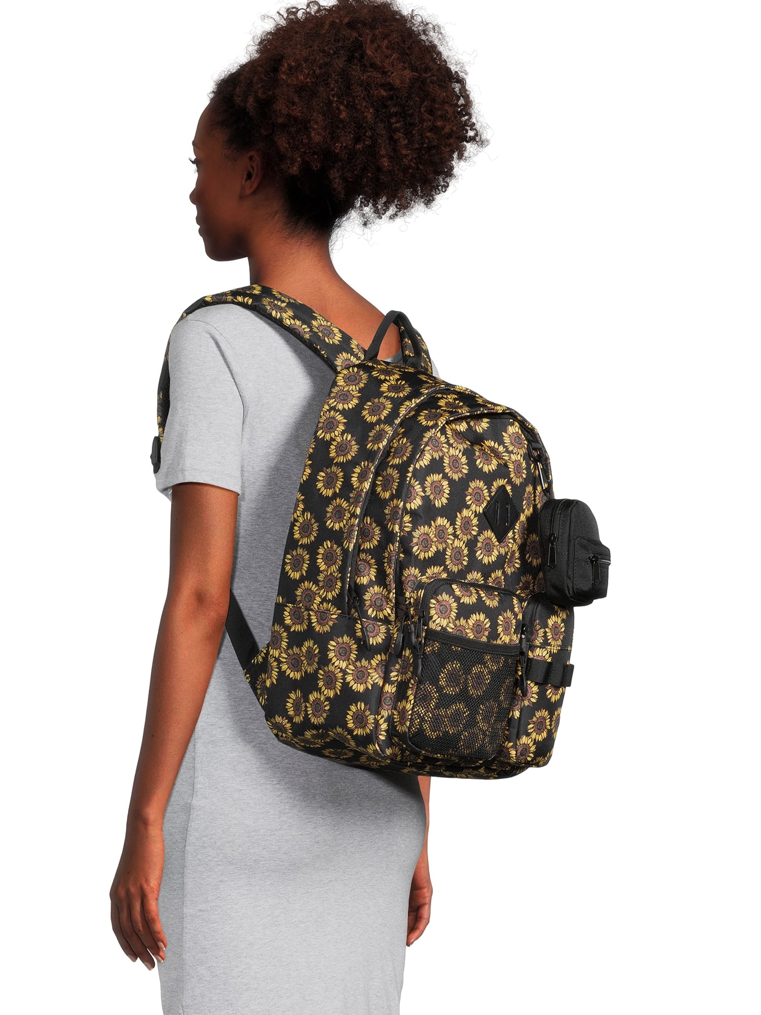 No Boundaries Women's Dome Multi Pocket 17" Backpack, Black Sunflower