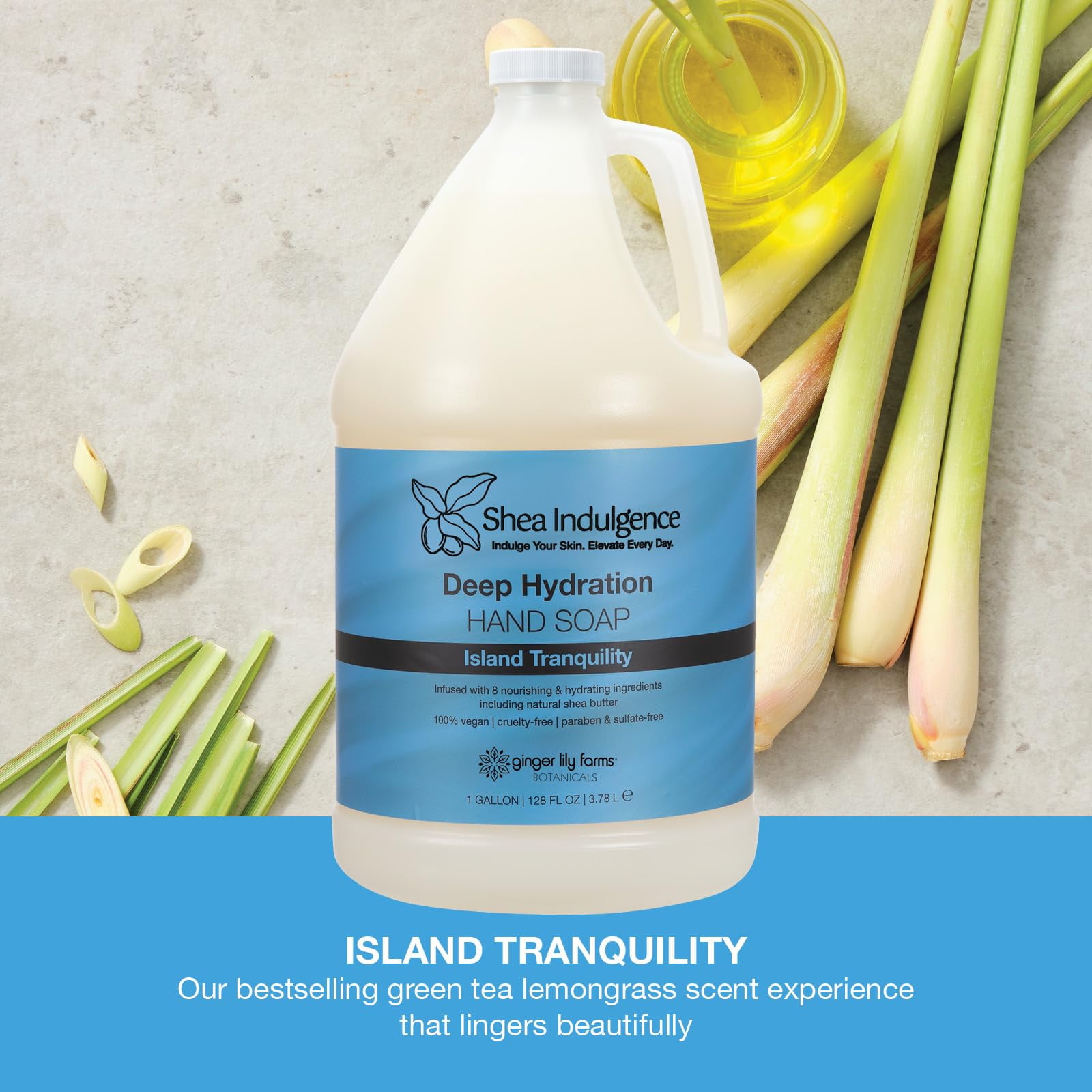 Ginger Lily Farms Botanicals Shea Indulgence Deep Hydration Liquid Hand Soap Refill, Island Tranquility, 100% Vegan & Cruelty-Free, Green Tea Lemongrass Scent, 1 Gallon (128 fl oz)