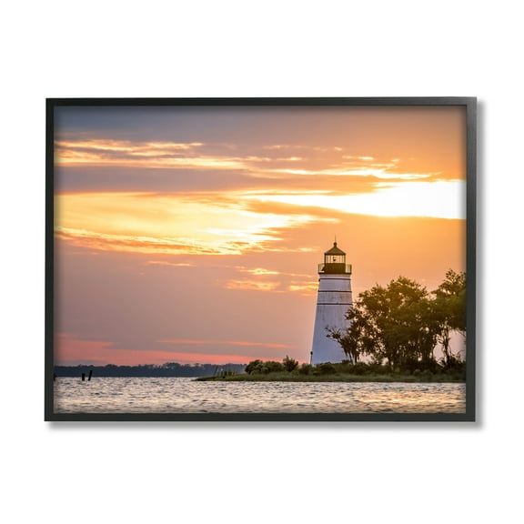 Nautical Lighthouse Sunset Horizon Coastal Photograph Black Framed Art Print Wall Art